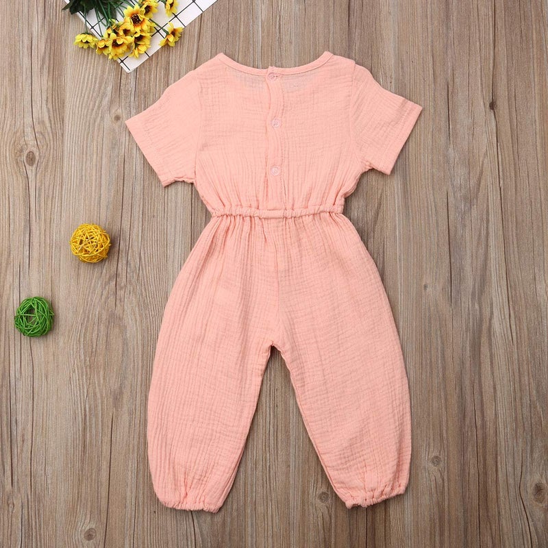 Mubineo Toddler Baby Girl Summer Fall Basic Plain Short Sleeve Cotton Linen Drawstring Romper Jumpsuit (Peach Pink, 12-18 Months) - Image 3